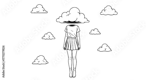 Surreal Cloud-Headed Figure in Dreamy Skyscape, Floating in Atmospheric Vapor, Abstract Conceptual Art for Mental Health Presentation & Creative Design, Ethereal Line Art Illustration for Psychologica