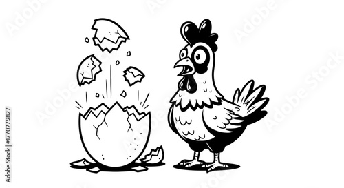 Cartoon Chicken Hatching from an Egg, Surprised and Stunned in Black and White Illustration, Comic Style for Kids, Education, and Farm Concepts, Representing New Beginnings and Growth, Creative Mascot