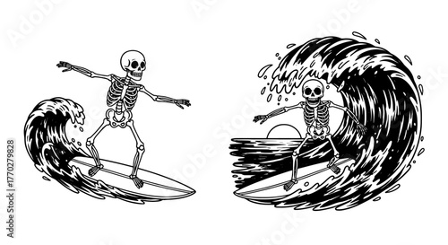 Skeletal Surfers Riding Waves at Sunset: Tropical Beach Scene with Cartoon Skeletons Catching Waves on Surfboards for Halloween, Travel, and Adventure Designs. A Fun and Retro Style Illustration Perfe