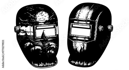 Artistic Welding Helmets Reflecting Seascape and Industrial Aesthetic: Hand-Drawn Shields Showcasing Nautical Scene, Protective Gear, Safety Equipment with Dark Metal and Creative Designs, Illustrativ