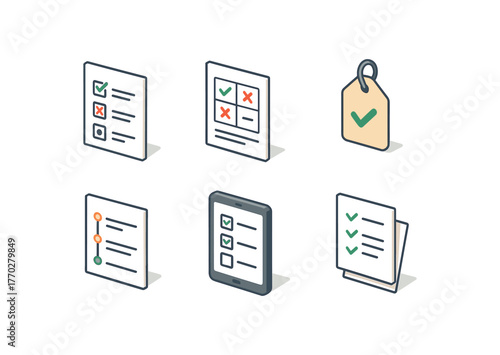isometric icon items isolated on white background checklist version control checklist priority matrix checklist completion tag checklist audit trail checklist digital pad checklist print