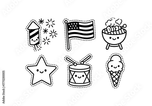 cute Independence Day set with bold black outline and dotted border including fireworks flag barbecue drum and ice cream simple details black and white minimal style isolated on white