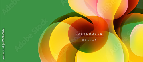 Abstract colorful circles overlap, creating dynamic visual effect. Green background complements vibrant hues. Modern design element.