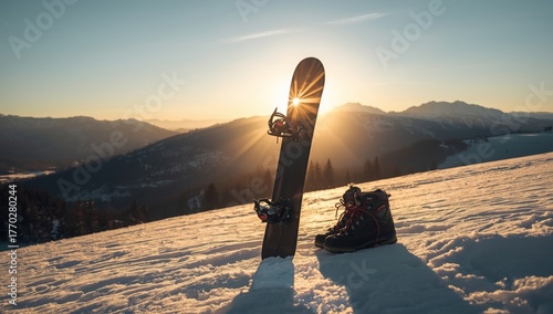 Snowboard and Boots Resting on the Snow With a Beautiful Sunset in the Mountains