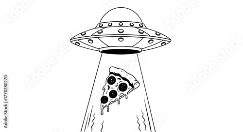 Extraterrestrial Abduction of a Delicious Pizza Slice with a Flying Saucer Beam: A Comic Sci-Fi Food Fantasy Illustration for Menu Design, Advertising, and Culinary Concepts, Depicting a UFO with a Ta