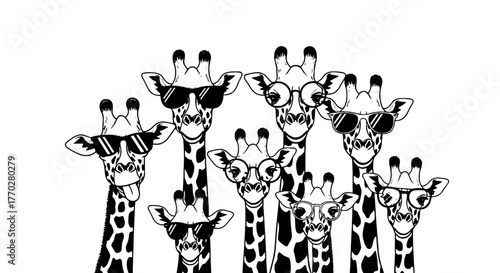 Group of Giraffes Wearing Sunglasses Out for Fun: Stylish Animal Herd Enjoying Sunny Day, Conceptual Wildlife Art for Fashion, Education, Design, Marketing, Humorous Illustration, Family Graphic with