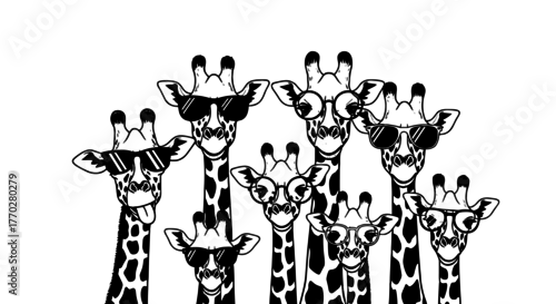 Fototapeta Group of Giraffes Wearing Sunglasses Out for Fun: Stylish Animal Herd Enjoying Sunny Day, Conceptual Wildlife Art for Fashion, Education, Design, Marketing, Humorous Illustration, Family Graphic with