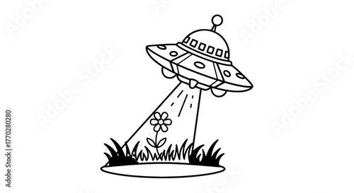 Whimsical Alien Spaceship Abducting a Flower from Earth: Fantasy Illustration in Grassy Field, Cartoon Style, Depicting Science Fiction Concept for Children's Story, Creative Design, Cute Extraterrest