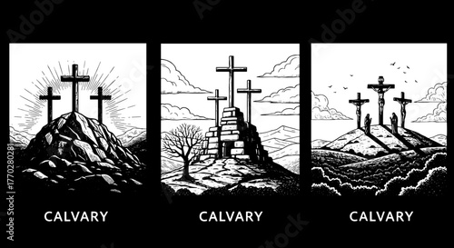 Calvary Hill Illustrations: Three Crosses Depicting the Crucifixion Scene on a Hilltop with Artistic Variations, Reflecting Religious Faith and Historical Significance for Easter Projects, Church Visu