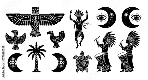 Mystical Native American Totems and Symbols: Indigenous Culture Celebration Featuring Tribal Dancers, Eagles, Turtle & Crescent Moons, Ideal for Spiritual Artwork and Cultural Heritage Designs, Perfec