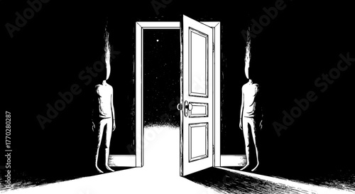 Surreal Figures Contemplating a Portal Doorway at Night Leading to Outer Space, Standing in a Dark Room, a Conceptual Illustration for Psychological Horror and Existential Themes,Black and White Art,