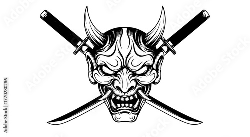 Menacing Oni Mask with Crossed Katana Swords Artwork, Japanese Demon Spirit Tattoo Design Illustration, Mythical Folklore Figure Isolated on White Background, Vector Art for Martial Arts, Gaming, Tatt