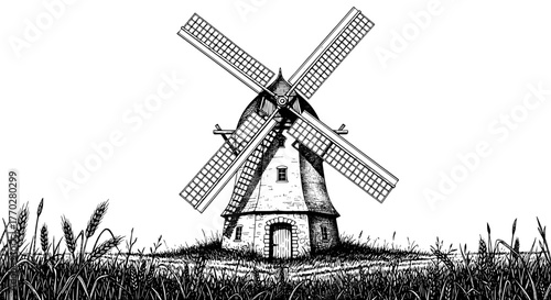 Vintage Windmill in Rural Field Illustration: Capturing the Essence of Countryside Heritage, Traditional Agriculture, and Sustainable Energy. Ideal for Eco-Friendly Projects, Historical Presentations,
