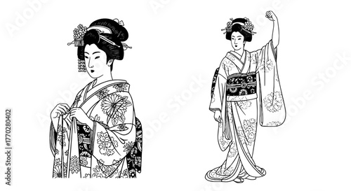 Elegant Geisha Figures in Traditional Kimonos Performing Dance, Showcasing Japanese Culture, Celebrating Heritage for Cultural Events, Artistic Presentations, Fashion Designs and Historical Documentar