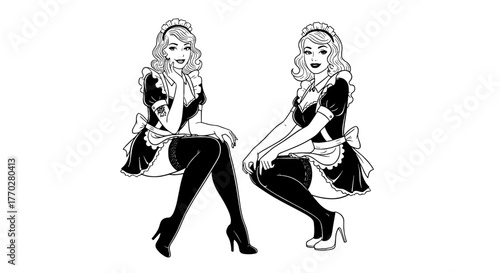 Retro Maid Duo Posing with Confidence & Charm: Vintage Style Illustration, Black and White Graphic Design for Hospitality Marketing, Pin-Up Girls in Uniforms, Classic Attire, Playful Service, Illustra