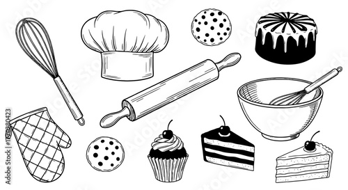 Hand-Drawn Baking and Pastry Elements Illustration: Creating Delicious Treats at Home, Culinary Arts, Patisserie Delights, Kitchen Tools, Recipes, Desserts, Sweet Food, Cakes, Cookies, Cupcakes, Rolli