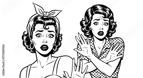 Two Retro Style Women Expressing Fear and Surprise, Blocking with Hands in a Pop Art Style Illustration. Ideal for Vintage Ads, Healthcare Marketing, Lifestyle Blogs, Business Presentations, Websites,