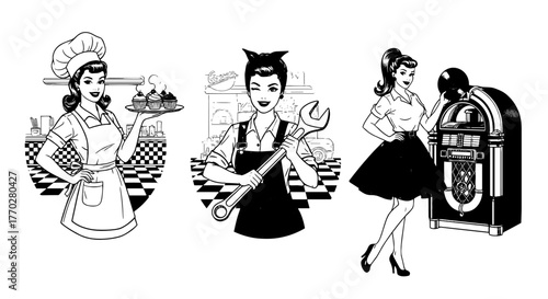 Retro Diner Ladies in 1950s Fashion: Waitress Serving Cupcakes, Mechanic Holding Wrench, Woman Playing Jukebox at a Classic American Diner in Black and White Illustration for Nostalgia, Vintage Aesthe
