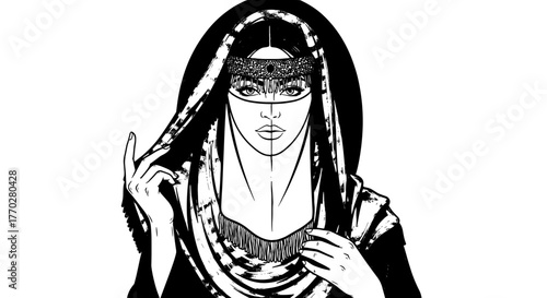 Elegant Middle Eastern Woman Wearing Traditional Niqab & Headpiece: Cultural Identity, Tradition & Modesty – Ideal for Cultural Presentations, Religious Education, Fashion Design, International Market