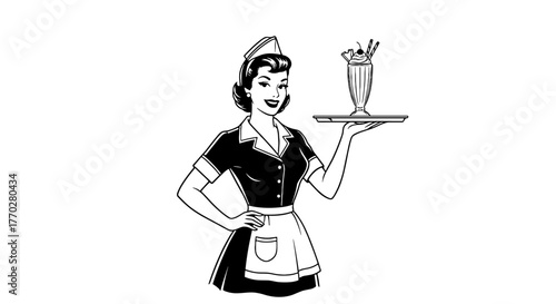 Vintage Waitress Serving a Milkshake at a Classic Diner, Holding Tray with Drink, Retro Style Illustration for Restaurant Menu, Advertising, and Design Projects, Nostalgic Image with 1950s Charm and I