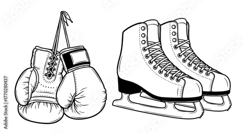 Vintage Sports Equipment: Boxing Gloves & Ice Skates for Winter Games, Training, & Retro Athletics. Classic Black & White Line Art Illustration for Team Sports Promotion, Fitness, or Competitive Exerc