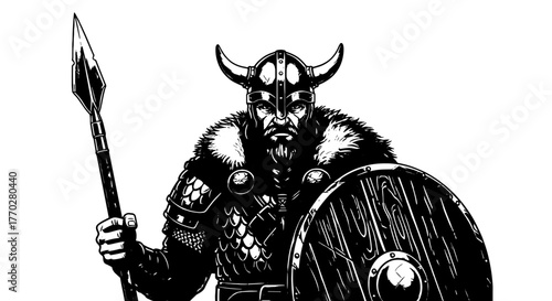 Determined Viking Warrior Guarding with Spear and Shield: A Historical Figure in Black and White Illustration, Ready for Battle, Symbolizing Strength and Bravery in a Traditional Ancient Setting, Perf