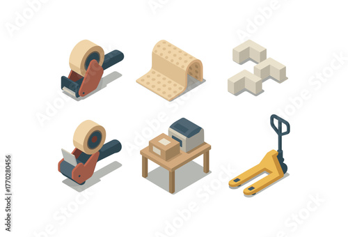 isometric icon items isolated on white background packaging corner tape cutter packaging corner cushion wrap packaging corner corner protectors packaging corner sealing gun packaging corner