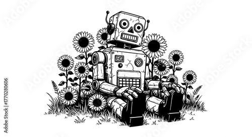 Contemplative Robot Sitting Among Sunflowers in a Meadow Illustration, Reflecting on Nature and Technology, Representing Artificial Intelligence, Automation, and Ecological Harmony, Ideal for Tech Ind
