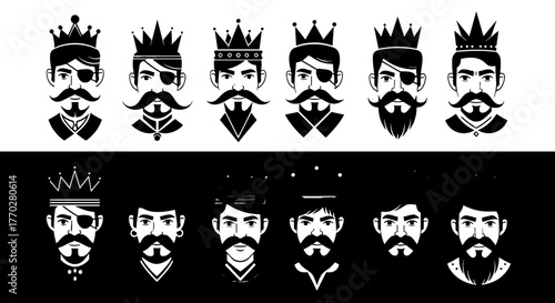 Set of Kings Portraits Illustrations: Aristocratic Men with Crowns and Mustache in Various Styles for Royal Graphic Design Projects, Retro Artwork, Historical Figures & Monarchs, Elegant Black & White