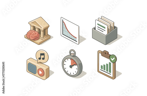 isometric icon items isolated on white background memorization memory palace builder memorization retention curve graph memorization cue card holder memorization audio prompt player