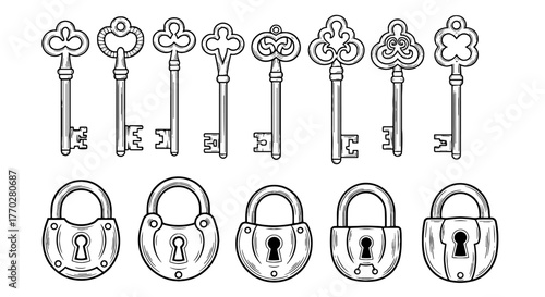Vintage Keys and Locks Illustration Set: Unlock Secrets, Security, & Mysteries in Your Creative Projects! Detailed Line Art for Graphic Design, Security Concepts, Web Design, Escape Rooms, Heritage, H
