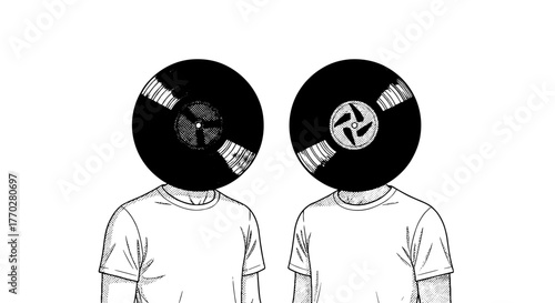 Retro Vinyl Record Heads Silhouette Duo Illustration, Standing Side-by-Side in Artistic Composition for Music Production, DJ Culture, and Abstract Art Projects. Monochrome Design for Posters, Album Co