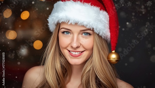 Cheerful Woman With a Christmas Hat Smiling Against a Festive Background