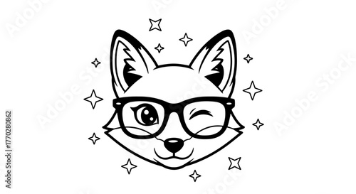 Charming Fox with Glasses Winking Amidst Sparkling Stars - A Playful Vector Illustration Ideal for Children's Designs, Education Materials, and Whimsical Branding, Featuring a Cute Cartoon Animal in a