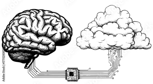 Human Brain Connecting to Cloud Computing via Microchip: Conceptual Illustration of Artificial Intelligence, Cognitive Technology, Neural Networks & Data Processing for Tech Industry, Medical Research