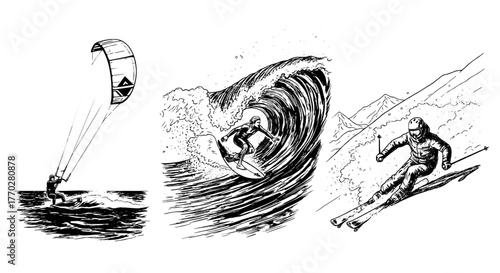 Diverse Watersports and Winter Sport Adventures: Kitesurfing, Surfing Big Waves, and Skiing Down Mountain Slopes for Active Lifestyle, Recreation, and Holiday Concepts (Black and White Illustration St