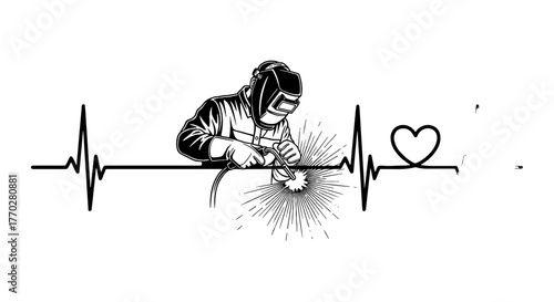Dedicated Welder's Heartbeat: Skilled Craftsman Welding with Precision, Creating a Lifeline of Sparks in a Workshop Setting, Representing Love for the Welding Profession and Hard Work Ethic, a Heartwa