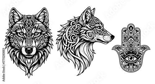 Detailed Black and White Wolf Portraits with Celtic Knotwork and Hamsa Hand Illustration for Tattoo Design, Spiritual Art Prints, and Mystic-Themed Graphic Projects in Modern Decor Applications (Line