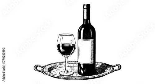 Vintage Wine Presentation on Silver Tray: Elegant Red Wine Bottle and Glass on Ornate Tray for Upscale Dining and Luxury Lifestyle Events, Fine Art Illustration for Restaurant Menus, Business Presenta