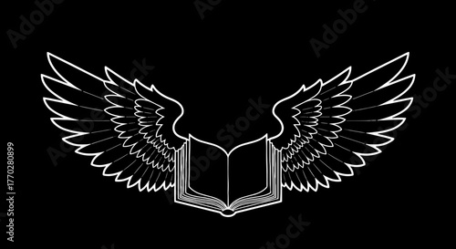 Abstract Open Book with Wings Flying in Darkness: Knowledge and Wisdom for Education and Learning, Conceptual Illustration for Literature and Storytelling, White Outline Logo Design for Publishing Ind