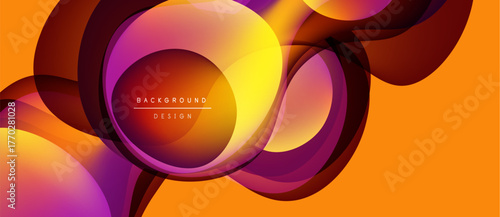 Abstract fluid shapes overlap, creating vibrant orange, yellow, purple gradients. Modern design suggests energy, movement, depth. Background text reads background design.