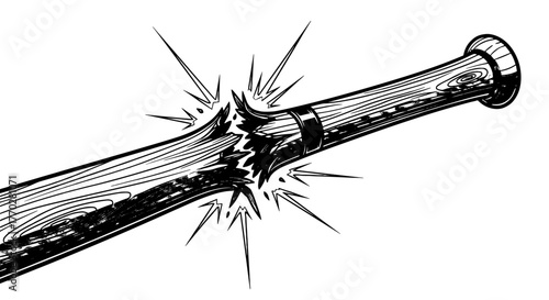 Breaking Baseball Bat Graphic: A Dramatic Illustration of a Wooden Bat Shattering Mid-Swing, Ideal for Sports-Themed Designs, Aggression, Defeat, Failure, and Intense Action Concepts in Black and Whit