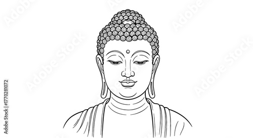 Serene Buddha Meditating in Enlightenment, Spiritual Guide for Inner Peace & Wisdom, Traditional Eastern Art Illustration for Religious Posters, Meditation Aids & Holistic Health Marketing, Line Art D