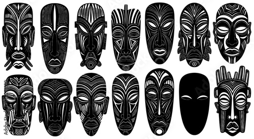 Collection of African Tribal Masks Displayed in Cultural Exhibit, Representing Heritage and Ancestry, Graphic Motifs in Ornate Designs for Art, Travel, and Educational Materials, Black and White Illus
