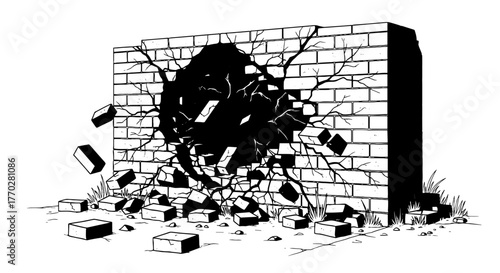 Cracked Brick Wall Explosion with Debris, Breaking Through Barrier Illustration, Destruction Concept, Overcoming Obstacles in Construction Site Environment, Achieving Success, Presentation Backdrop, B