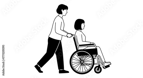Caring Woman Pushing a Patient in Wheelchair, Providing Assistance and Mobility Support in Healthcare Setting, Illustration for Medical Aid, Disability Awareness, Accessibility, and Homecare, Modern M