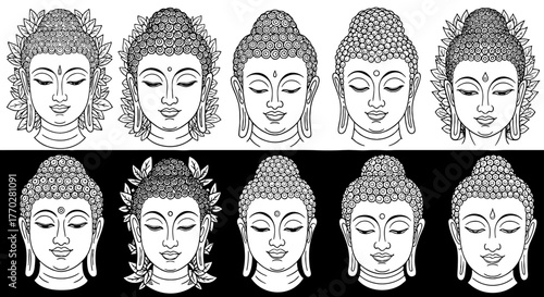 Serene Buddha Faces Meditating in Peaceful Contemplation: Spiritual Enlightenment and Inner Peace Design Elements for Mindfulness Practices, Religious Art, Asian Culture, and Tranquil Relaxation Thera