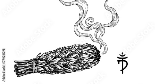 Smoking White Sage Smudge Stick for Cleansing Rituals, Aromatic Healing, Spiritual Practice, Wellness, Mindfulness, Relaxation, Boho Decor & Meditation, Featuring Delicate Smoke Streams, Etched Style