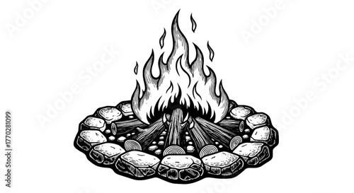 Hand-Drawn Campfire Illustration with Burning Flames, Surrounded by a Circle of Stones for Outdoor Adventure Projects and Camping Designs, Promoting Warmth and Nature in a Rustic Engraved Style, Ideal