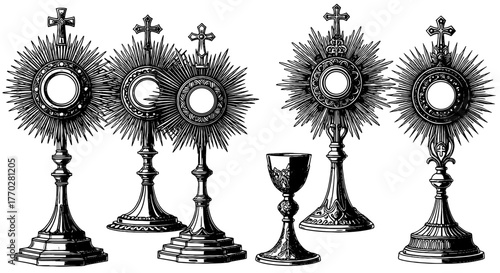 Intricate Monstrances Displayed: A Collection of Ornate Vessels for Eucharistic Adoration in Catholic Churches, Religious Ceremonies & Christian Worship—Ideal for Faith, Spirituality, & Historical Pro